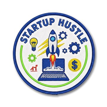 Startup hustle badge with rocket launching from laptop