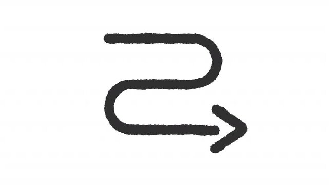 Animated rightward pointing arrowhead charcoal stroke icon. Geometric routing animation. Horizontal directional line. Rough line element on white background. Hand drawn HD video
