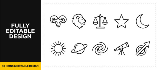 flat vector illustration line art icon bundle set design covering space astronomy zodiac astrology planets stars galaxy universes and celestial horoscope graphics UI app © SQUISH