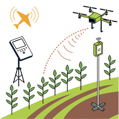 Agricultural drone monitoring crops with wireless sensors and handheld device in a field agriculture monitoring wireless handheld technology precision agricultural collection equipment © vaijan