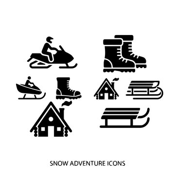 Winter snow adventure activity icons with adventure snowmobile activity