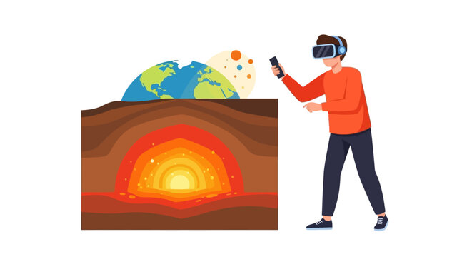 Student Using Virtual Reality to Explore Earth's Internal Layers and Core Structure Vector Illustration