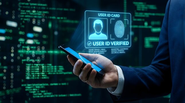 Digital identity verification concept man holding smartphone displaying user id card with biometric scan and secure access confirmation