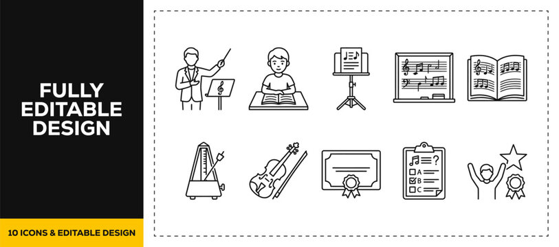 flat vector illustration line art icon bundle set design highlighting classical music educations musical instruments metronomes music notes and artistic learning graphics