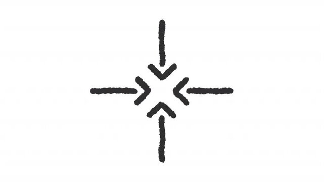 Animated four arrows pointing inward charcoal stroke icon. Inward focusing arrows animation. Geometric pointer shapes. Rough line element on white background. Hand drawn HD video