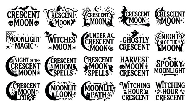 Crescent Moon and Witchcraft Symbols Vector Illustration with Bats and Magic Spells