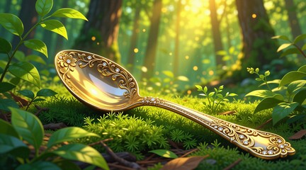 Obraz premium Ornate gold spoon rests on mossy forest floor. Sunbeams filter through green leaves. Intricate patterns and small gems adorn the elegant utensil. Nature setting with soft bokeh.