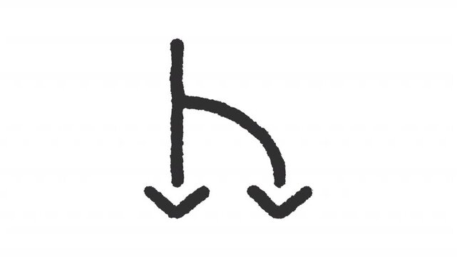 Animated path splitting charcoal stroke icon. Navigation symbol animation. Downward pointing arrowheads. Rough line element on white background. Hand drawn HD video