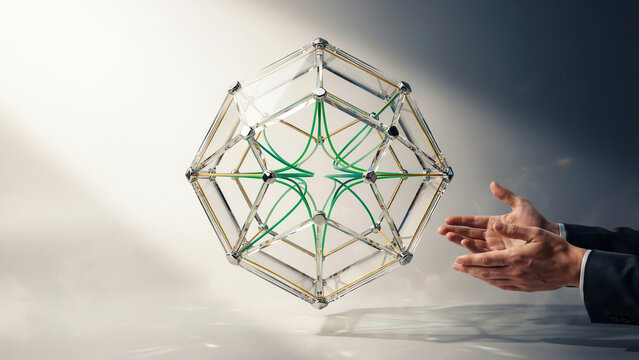 ​Close up of businessman hands reaching towards floating abstract geometric wireframe sphere with green connections on bright foggy background