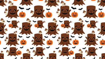 Fototapeta premium Seamless Halloween Pattern with Spooky Tree Stumps, Carved Jack-o'-Lanterns, Flying Bats, and Mushrooms on White Background, Perfect for Festive Designs. Flat vector illustration EPS 10.