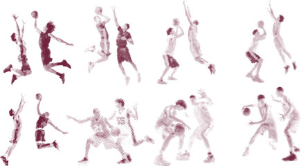Basketball player silhouettes set with halftone dot pattern effect, dynamic athletes pack © sumon20570