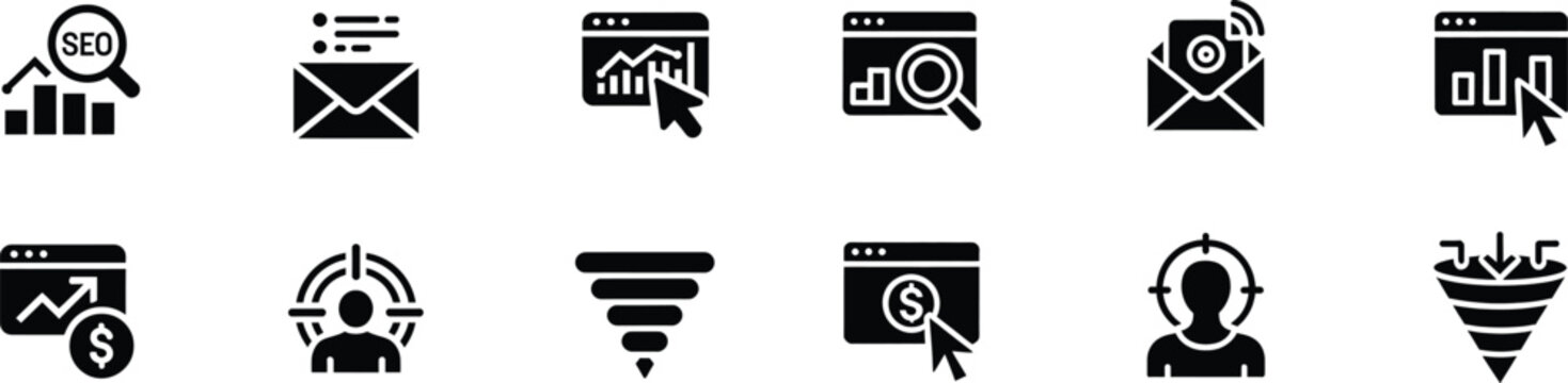 Search engine optimization and data analytics black icon set for digital marketing and business growth.