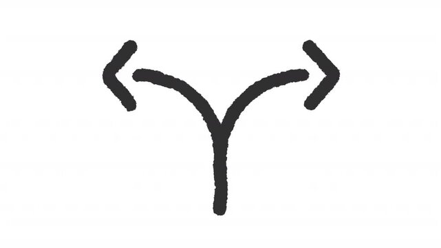 Animated two way direction indicator charcoal stroke icon. Minimalist split arrow animation. Dual option symbol. Rough line element on white background. Hand drawn HD video