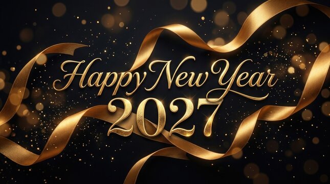 Happy new year 2027 celebration background with golden ribbons and sparkling lights