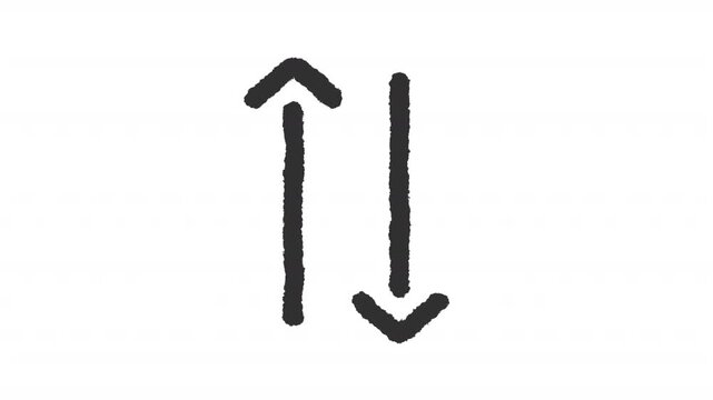 Animated two vertical contrasting arrows charcoal stroke icon. Data transfer animation. Sorting or exchange indicator. Rough line element on white background. Hand drawn HD video