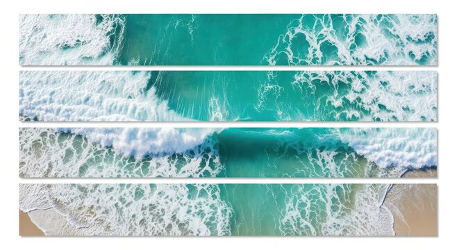Aerial View of Turquoise Ocean Waves Crashing on Sandy Beach in Four Horizontal Panels for Modern Wall Art Decor