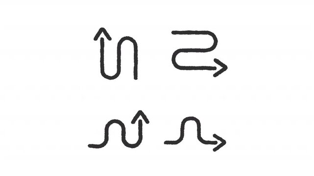 Animated curved arrow charcoal stroke icons. Four distinct directional paths animation set. Abstract directional flow symbols. Rough line elements on white background. Hand drawn HD video