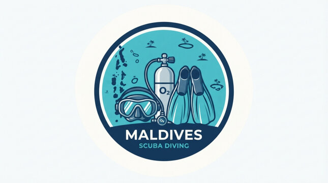Circular scuba diving emblem featuring diving gear and tropical island silhouettes with bold text design for adventure travel with diving equipment