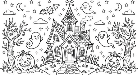 Naklejka premium Halloween coloring page with spooky house and friends