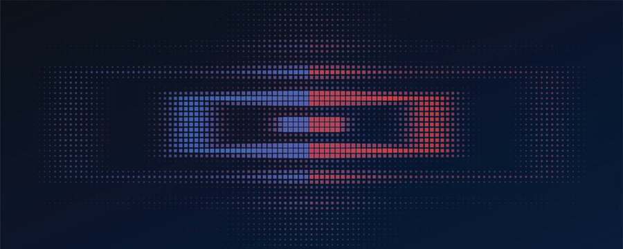 Abstract digital grid pattern with glowing red and blue rectangles in dark background during digital transition