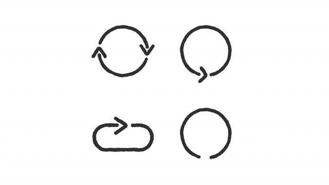Animated continuous repetition cycle charcoal stroke icons. Geometric curved shapes animation set. Process refresh interface symbols. Rough line elements on white background. Hand drawn HD video