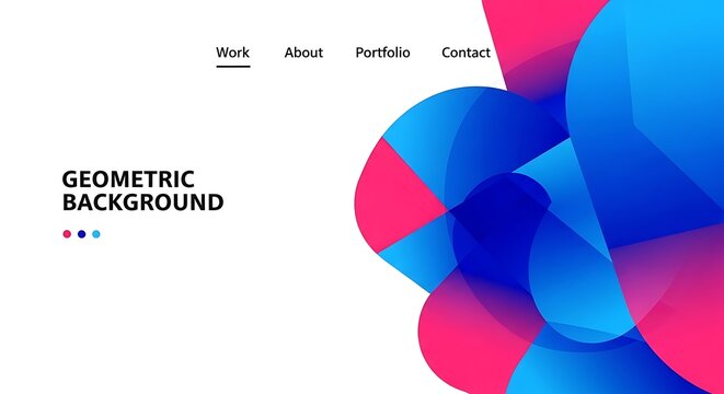 Web page design with blue, pink, and white geometric shapes and menu links