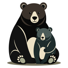 Cute bear family, mother and cub, black and white illustration, animal icons, wildlife graphics © MSTHUSNA