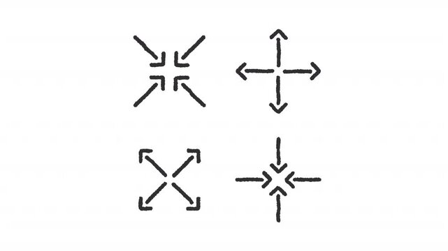 Animated symmetric arrow charcoal stroke icons. Digital navigation design elements animation set. Four directional symbols. Rough line elements on white background. Hand drawn HD video