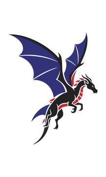 Elegant silhouette of a soaring dragon with outspread wings in a minimalist flat design with clean curves on a white background, mythical creature concept