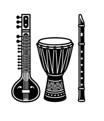Stylized sitar, djembe, and flute icon in black and white representing diverse world music traditions of string, percussion, and wind instruments © Abdul