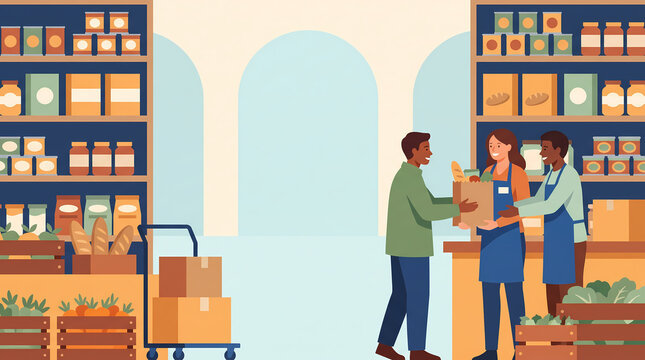 Community food pantry donation day with volunteers and grocery bags