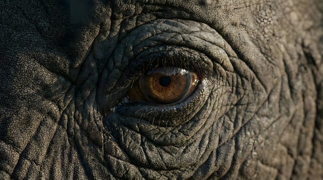 A detailed close up macro photograph of a majestic elephant eye showcasing the intricate texture of its thick wrinkled grey skin and golden iris