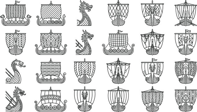 Viking Longship and Drakkar Boat Line Icon Set Featuring Black Outline Vectors of Nordic Warships Sails Geometric Oars and Dragon Head Figureheads for Historic Designs