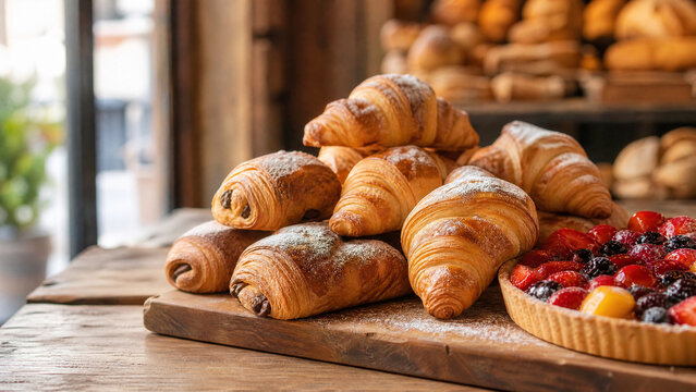 Artisan French pastries with croissants and tarte aux fruits on wooden board