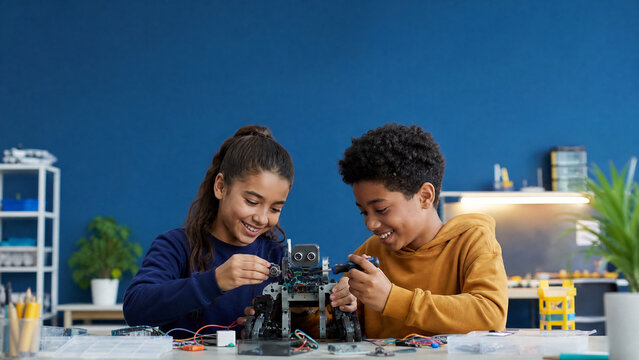 Diverse children building robot together in school science lab