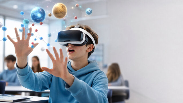 Student wearing VR headset interacting with 3D models in classroom