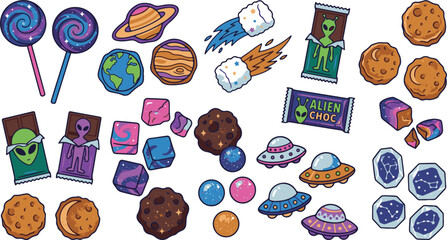 Cartoon galaxy confectionery elements with ufo planets and cookies illustration © Akhi Ayra