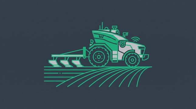 Minimalist line art illustration of autonomous electric tractor plowing a field, smart farming concept