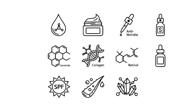 Skincare ingredient line icons set with moisture cream retinol compound collagen serum and sunscreen