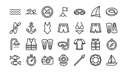 Black line icons of various beach and sea related objects and activities on transparent background © PROHALLAD SARKAR  SA