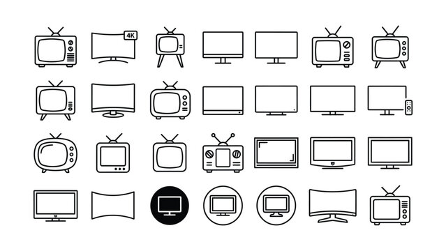 Various television screens and monitors in different styles and shapes on white background  electronic devices for entertainment and communication
