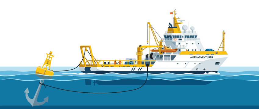 Research Vessel Deploying Buoy and Anchor in Ocean Water