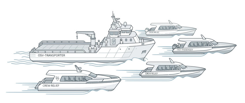 Modern Crew Transport Boats Escorting a Large Ship