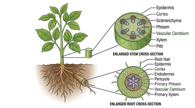 Diagram of a watermelon plant showing root system and leaf structure