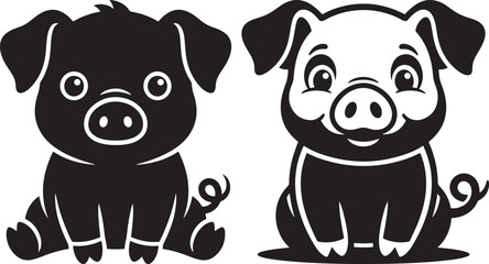 Obraz premium Cute cartoon piglet silhouette black vector graphics on white background with silhouette illustration isolated character domestic