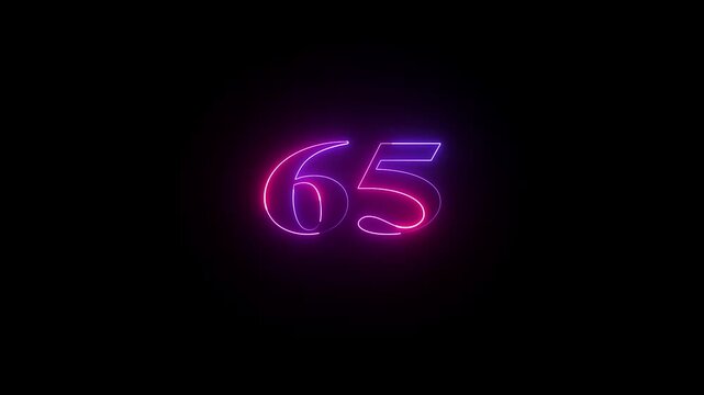Glowing count neon number 65 text animation on black background. 