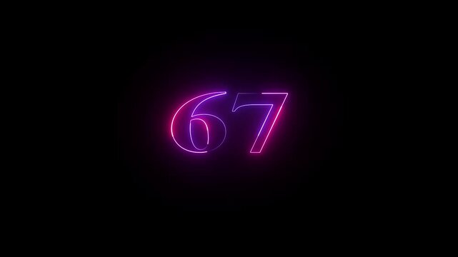 Glowing count neon number 67 text animation on black background. 