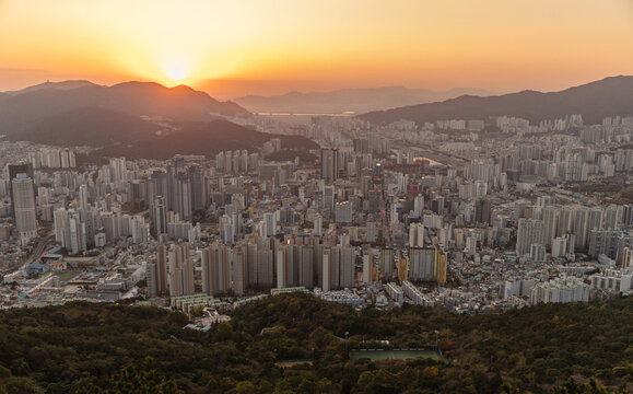 Busan City Skyline at Mountain Sunset
