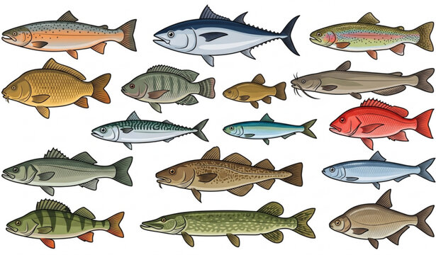 Fresh sea and freshwater fish vector set with realistic raw seafood collection isolated on white