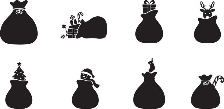 santa bag icon set silhouette Vector illustration. square type Bundle
